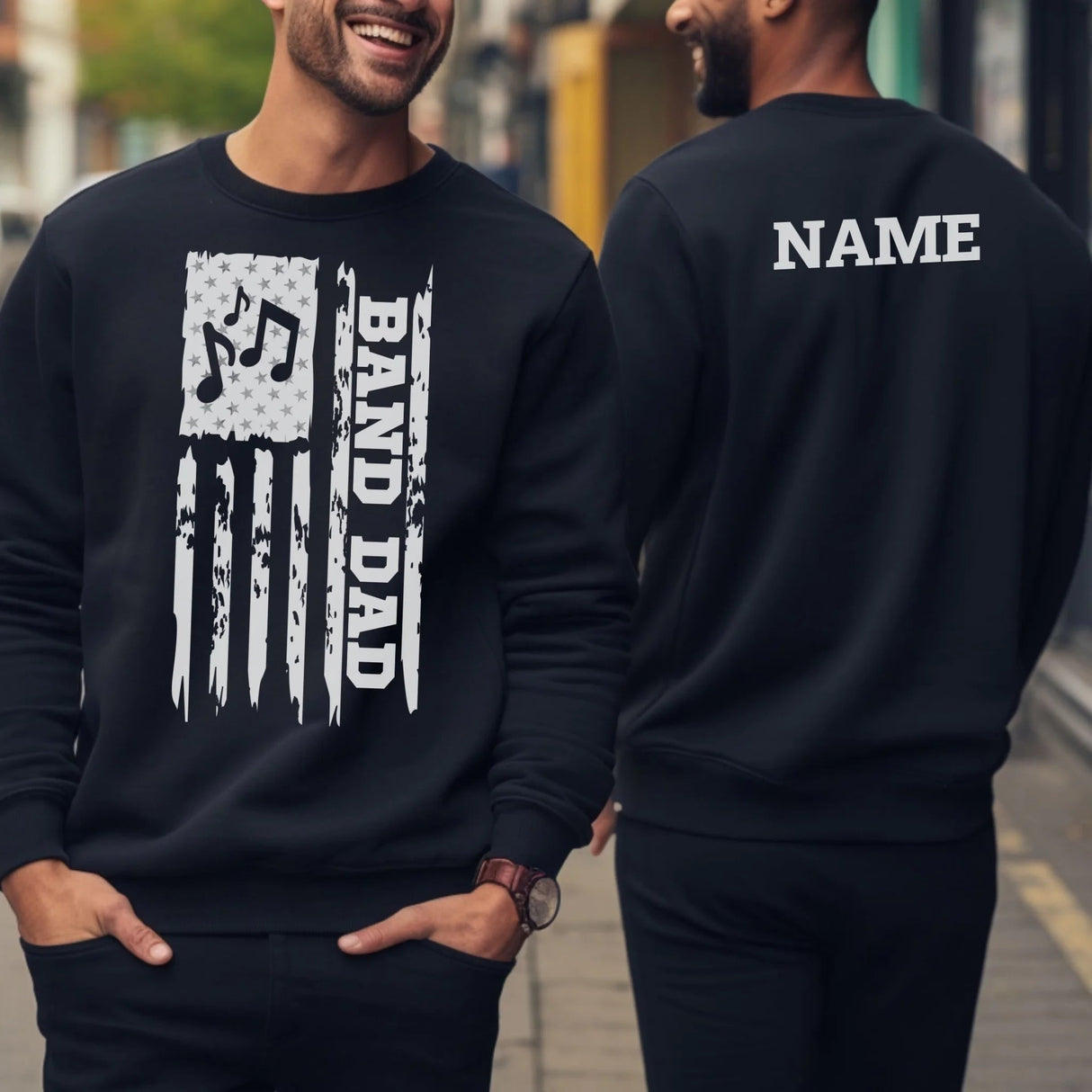 Band Dad Vertical Flag With Musician Name on a Sweatshirt with a White Graphic