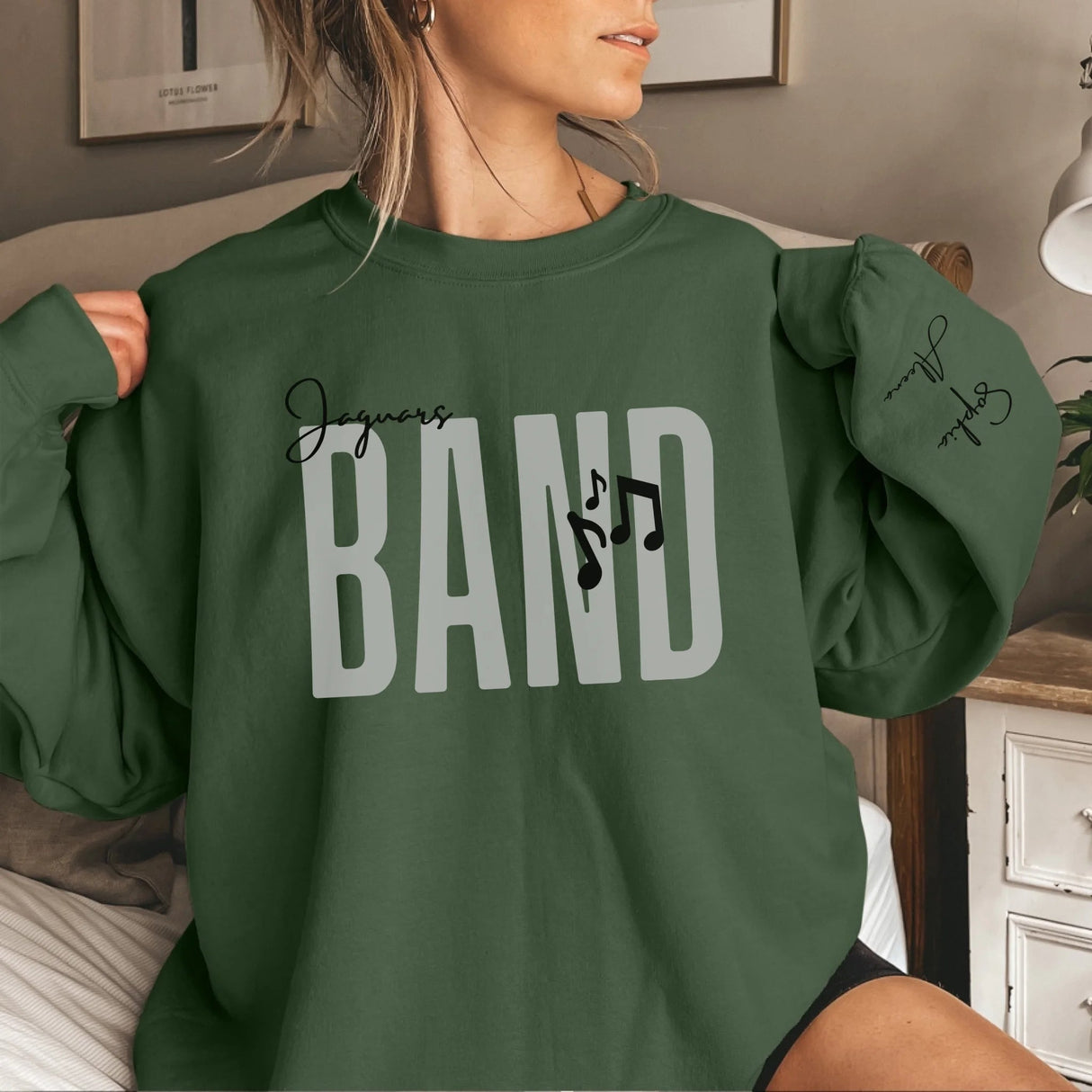 Personalized Band on a Sweatshirt With Modern Bold Design and Musician Name on Sleeve on a Sweatshirt