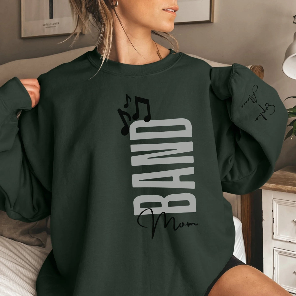 Personalized Band Mom on a Sweatshirt With Mascot, Icon, and Musician Name on Sleeve on a Sweatshirt