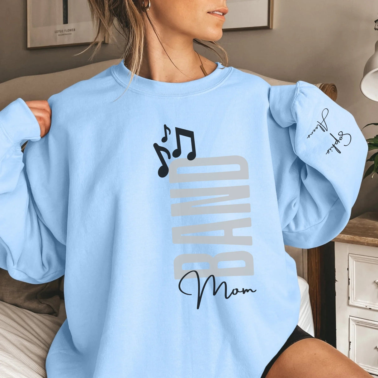 Personalized Band Mom on a Sweatshirt With Mascot, Icon, and Musician Name on Sleeve on a Sweatshirt