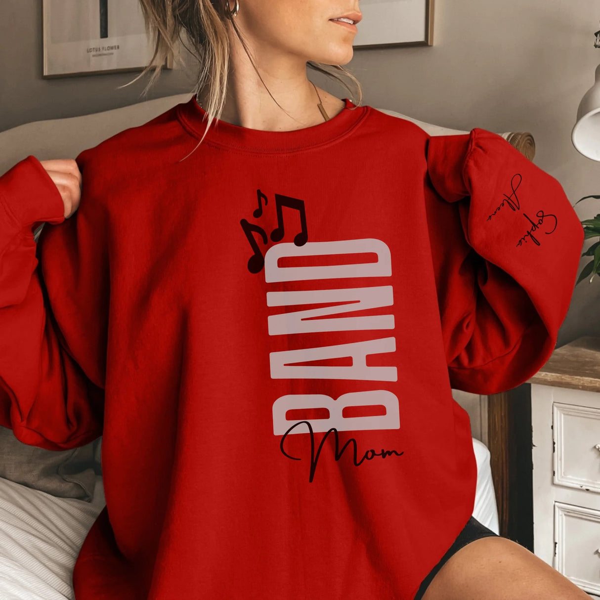 Personalized Band Mom on a Sweatshirt With Mascot, Icon, and Musician Name on Sleeve on a Sweatshirt