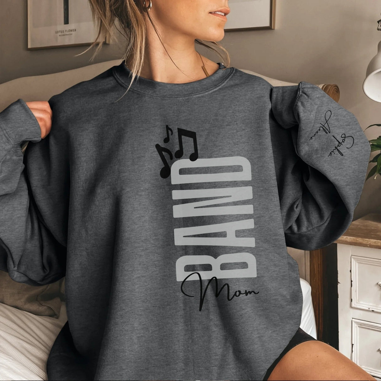 Personalized Band Mom on a Sweatshirt With Mascot, Icon, and Musician Name on Sleeve on a Sweatshirt