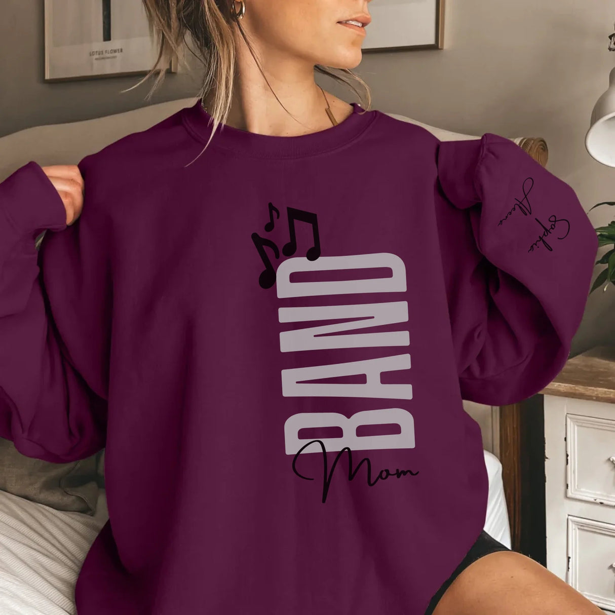 Personalized Band Mom on a Sweatshirt With Mascot, Icon, and Musician Name on Sleeve on a Sweatshirt