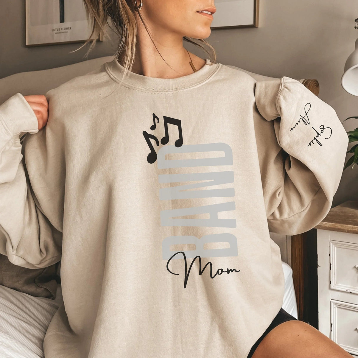 Personalized Band Mom on a Sweatshirt With Mascot, Icon, and Musician Name on Sleeve on a Sweatshirt