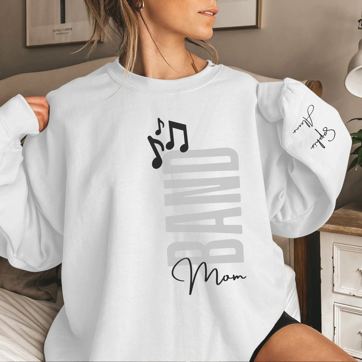 Personalized Band Mom on a Sweatshirt With Mascot, Icon, and Musician Name on Sleeve on a Sweatshirt