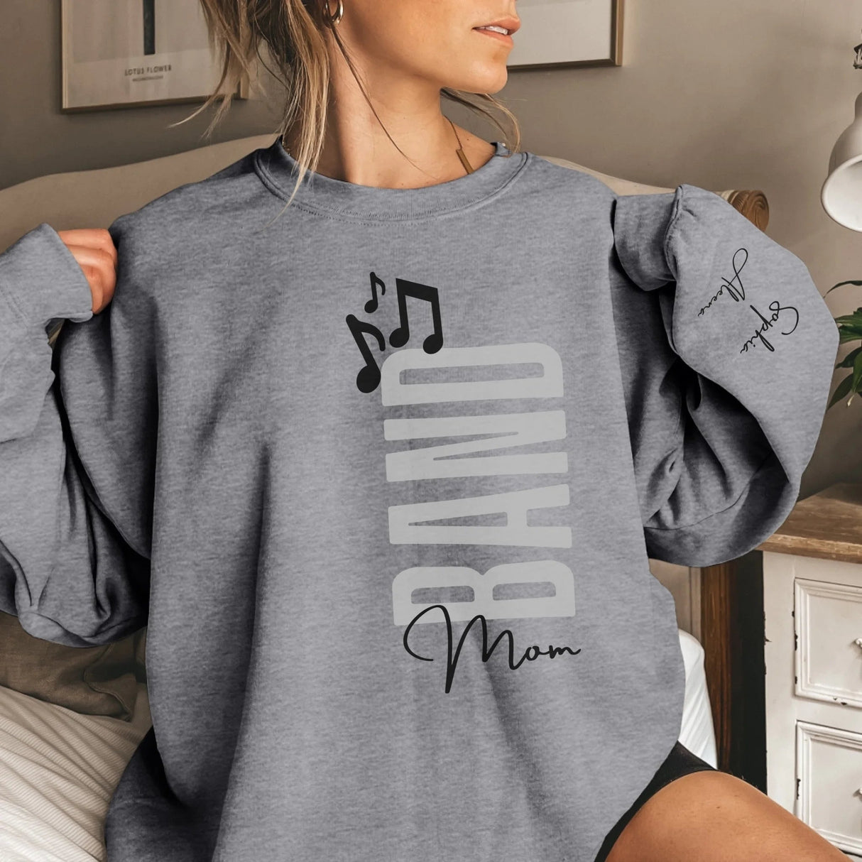 Personalized Band Mom on a Sweatshirt With Mascot, Icon, and Musician Name on Sleeve on a Sweatshirt