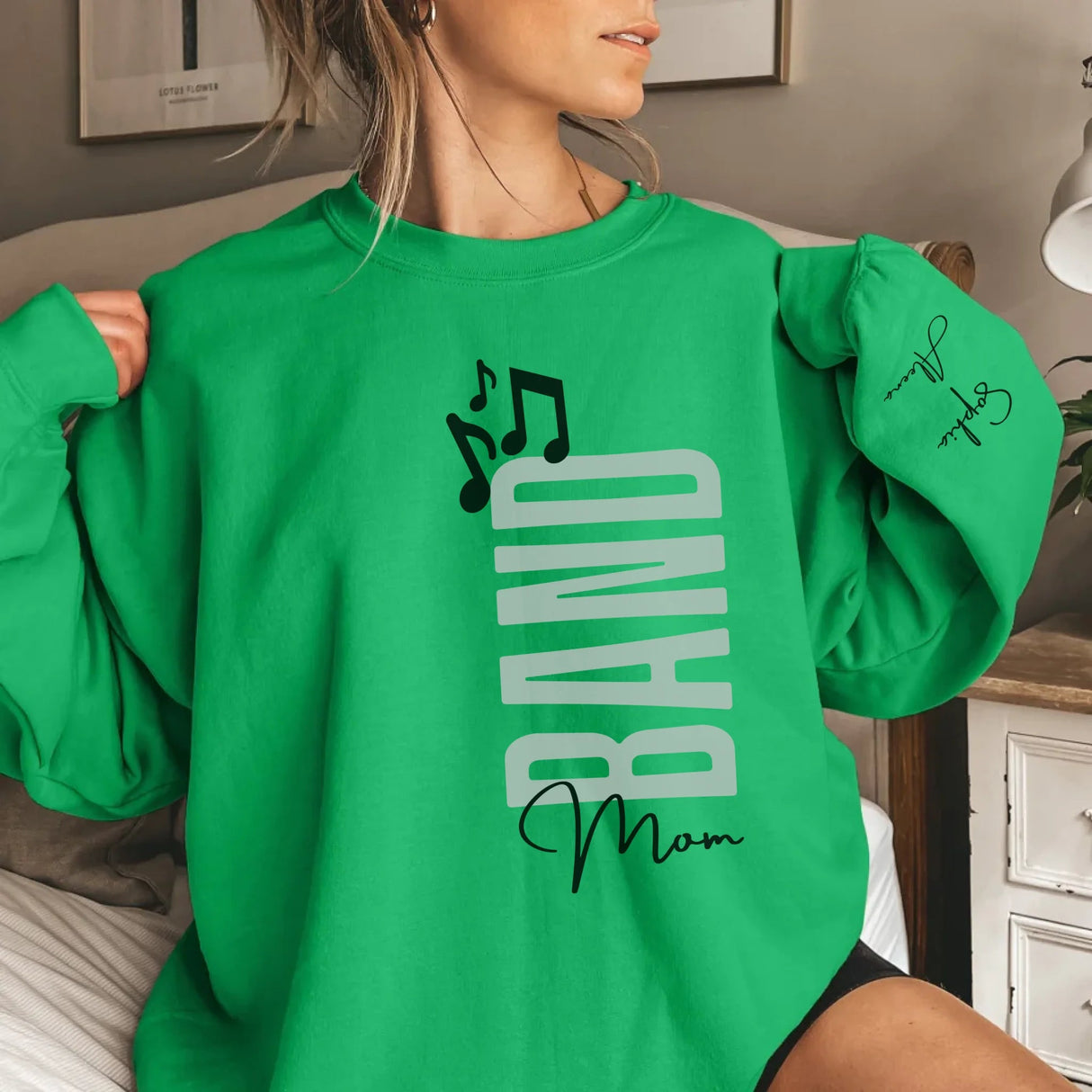 Personalized Band Mom on a Sweatshirt With Mascot, Icon, and Musician Name on Sleeve on a Sweatshirt