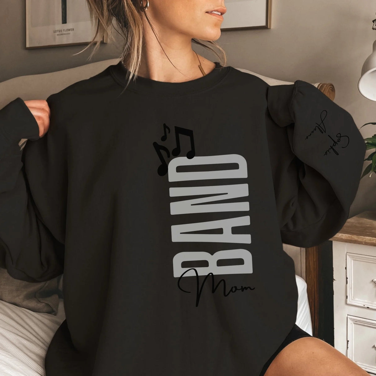 Personalized Band Mom on a Sweatshirt With Mascot, Icon, and Musician Name on Sleeve on a Sweatshirt