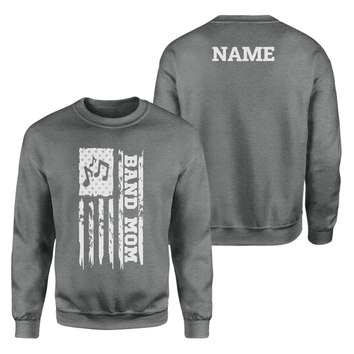 Band Mom Vertical Flag With Musician Name on a Sweatshirt with a White Graphic