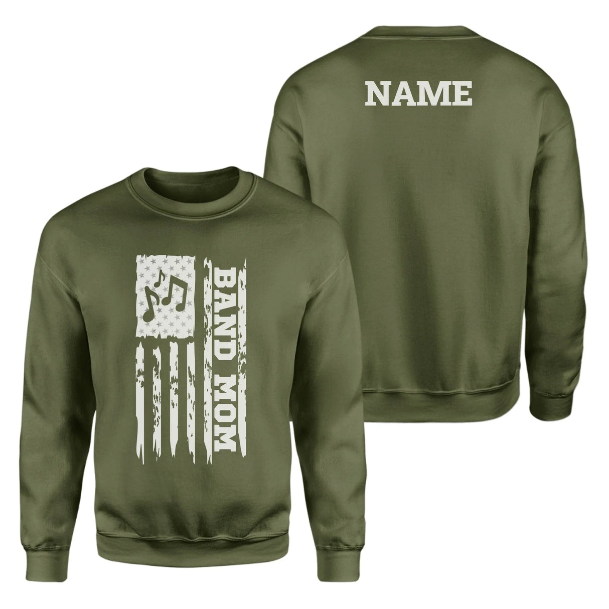 Band Mom Vertical Flag With Musician Name on a Sweatshirt with a White Graphic