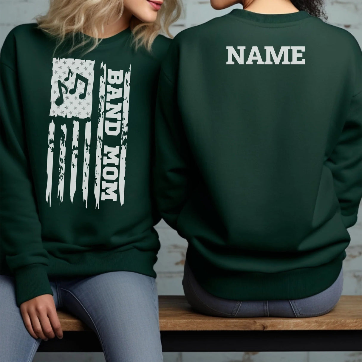 Band Mom Vertical Flag With Musician Name on a Sweatshirt with a White Graphic
