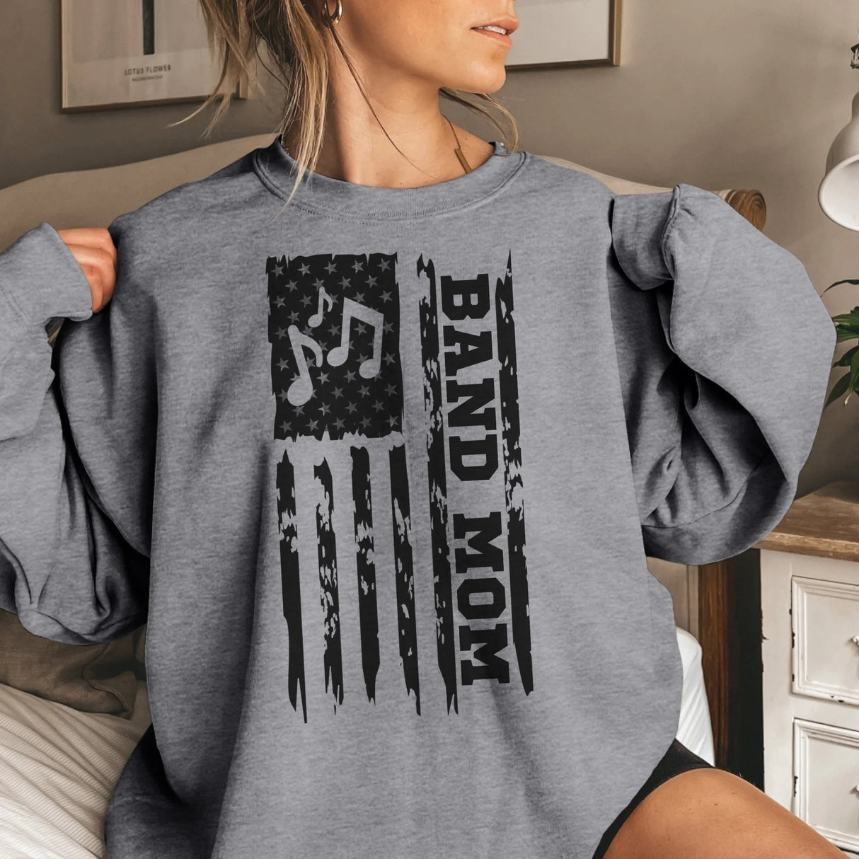 Band Mom Vertical Flag on a Sweatshirt with a Black Graphic