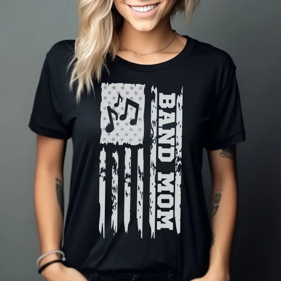 Band Mom Vertical Flag on a Unisex T-Shirt with a White Graphic