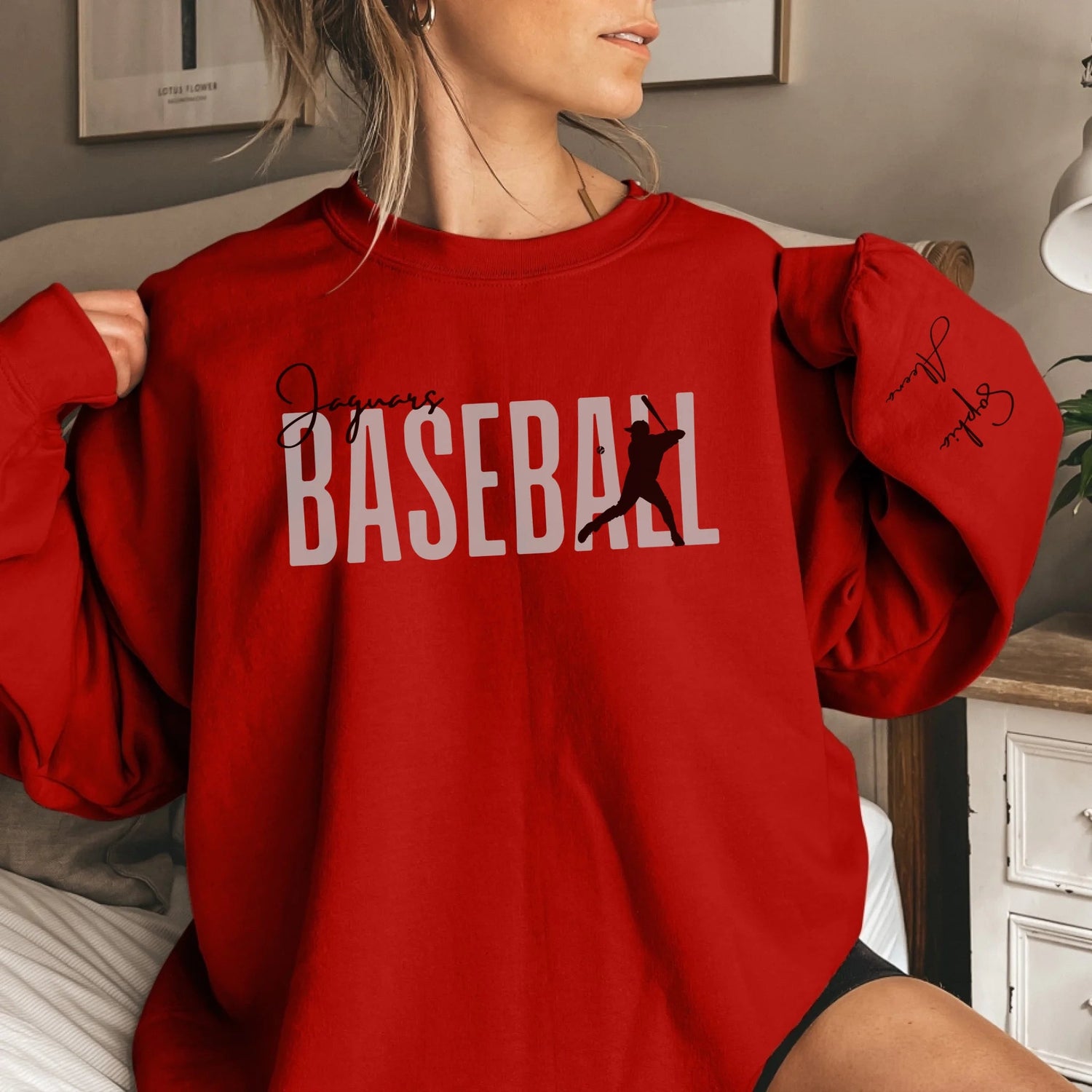 Personalized Baseball on a Sweatshirt With Modern Bold Design and Baseball Player Name on Sleeve on a Sweatshirt