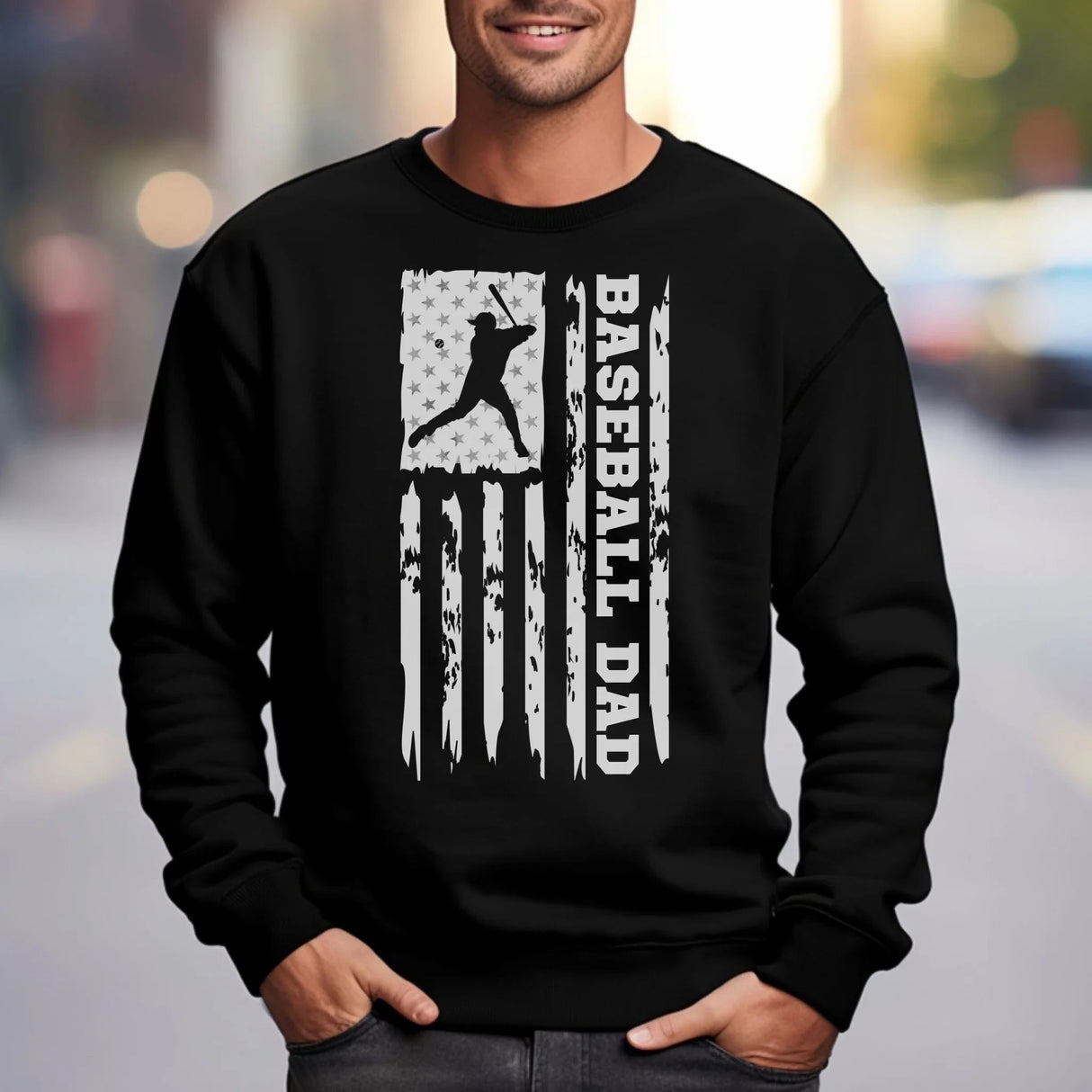Baseball Dad Vertical Flag on a Sweatshirt with a White Graphic
