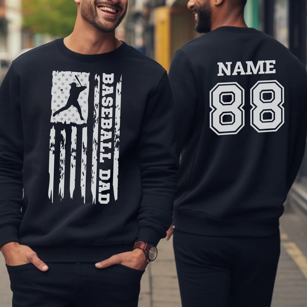 Baseball Dad Vertical Flag With Baseball Player Name on a Sweatshirt with a White Graphic
