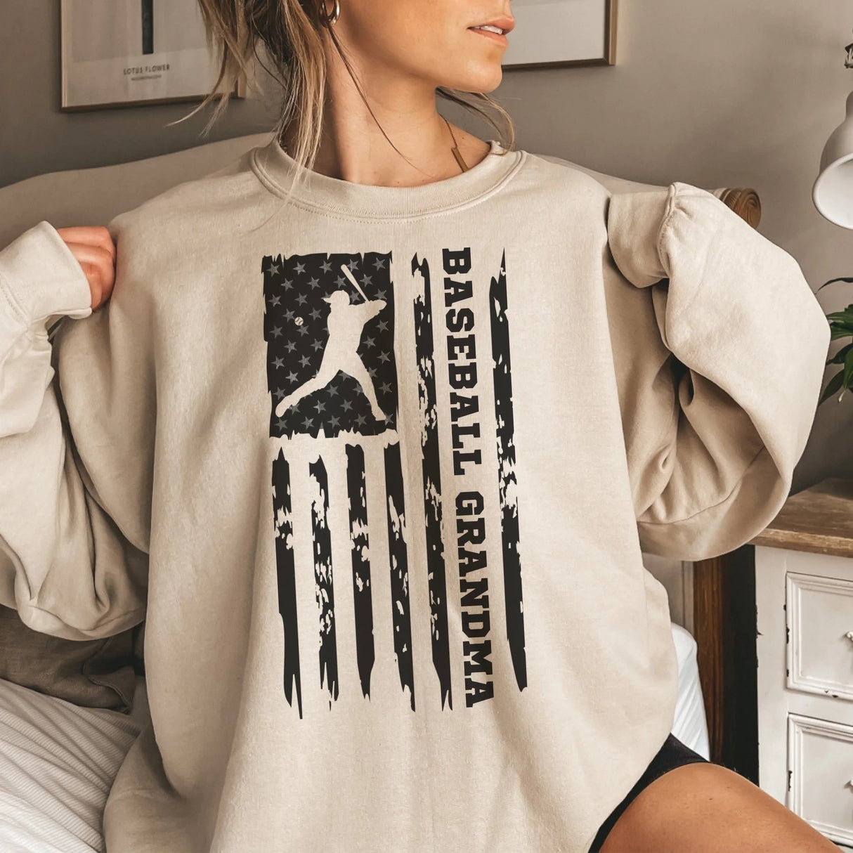Baseball Grandma Vertical Flag on a Sweatshirt with a Black Graphic