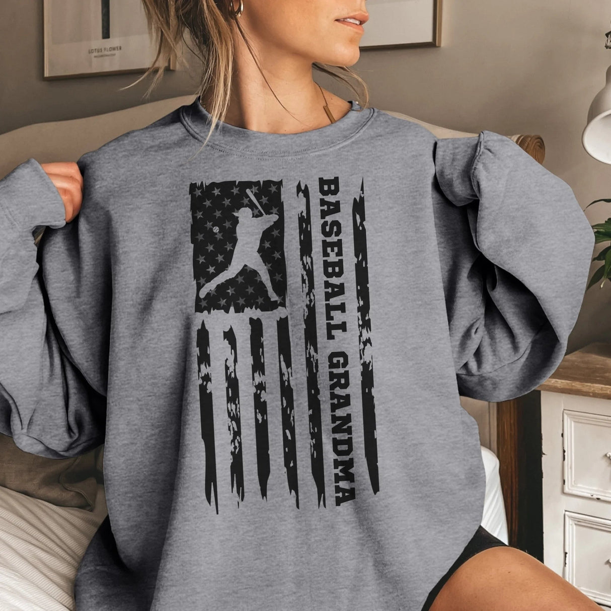 Baseball Grandma Vertical Flag on a Sweatshirt with a Black Graphic