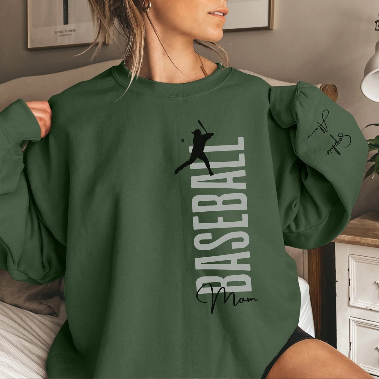 Personalized Baseball Mom on a Sweatshirt With Mascot, Icon, and Baseball Player Name on Sleeve on a Sweatshirt