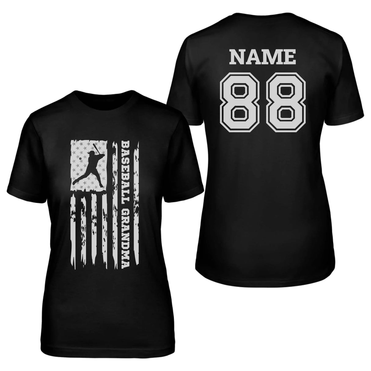 Baseball Grandma Vertical Flag With Baseball Player Name on a Unisex T-Shirt with a White Graphic