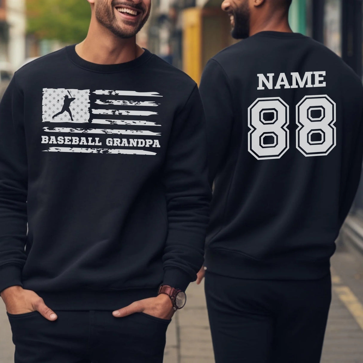 Baseball Grandpa Horizontal Flag With Baseball Player Name on a Sweatshirt with a White Graphic