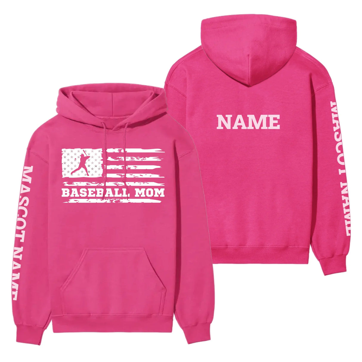 Baseball Mom Horizontal Flag With Baseball Player Name on a Hoodie with a White Graphic
