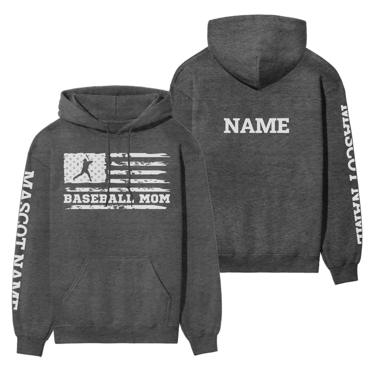 Baseball Mom Horizontal Flag With Baseball Player Name on a Hoodie with a White Graphic
