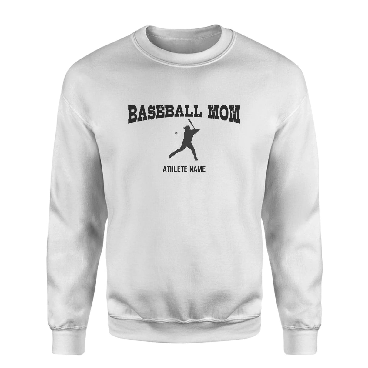 Baseball Mom with Baseball Player Icon and Baseball Player Name on a Sweatshirt with a Black Graphic