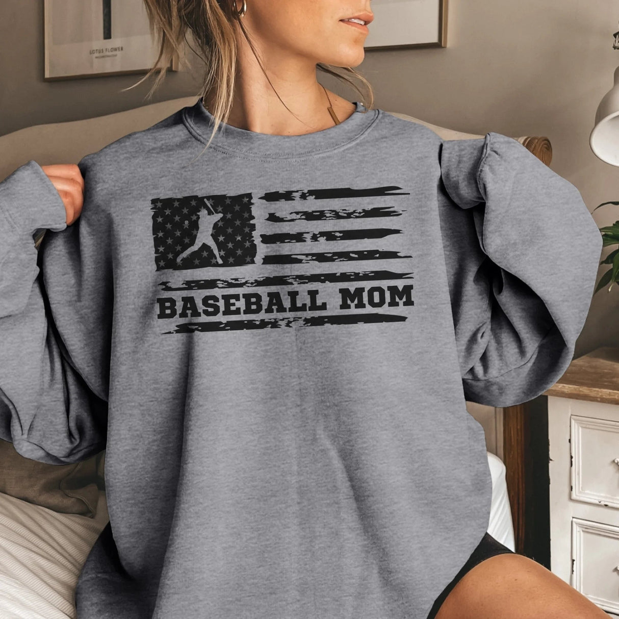 Baseball Mom Horizontal Flag on a Sweatshirt with a Black Graphic