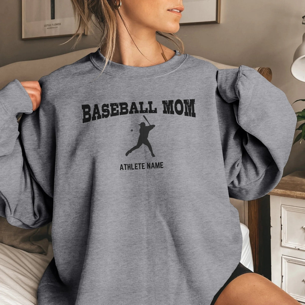 Baseball Mom with Baseball Player Icon and Baseball Player Name on a Sweatshirt with a Black Graphic