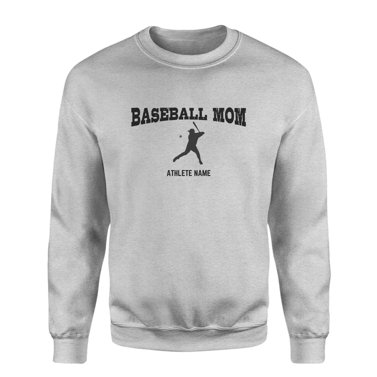 Baseball Mom with Baseball Player Icon and Baseball Player Name on a Sweatshirt with a Black Graphic
