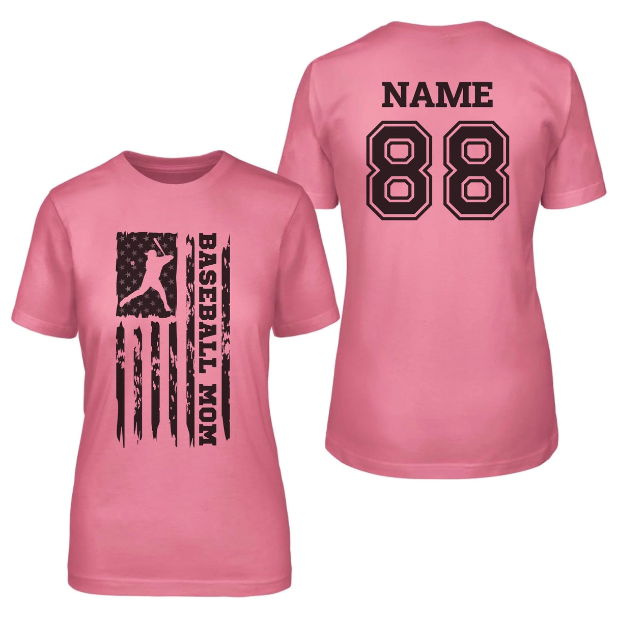 Baseball Mom Vertical Flag With Baseball Player Name on a Unisex T-Shirt with a Black Graphic