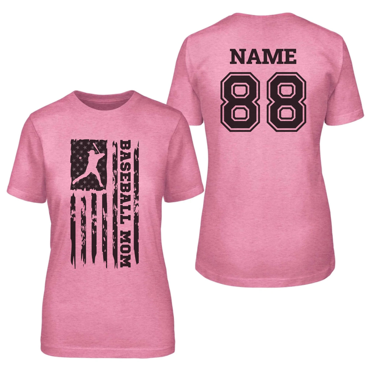 Baseball Mom Vertical Flag With Baseball Player Name on a Unisex T-Shirt with a Black Graphic