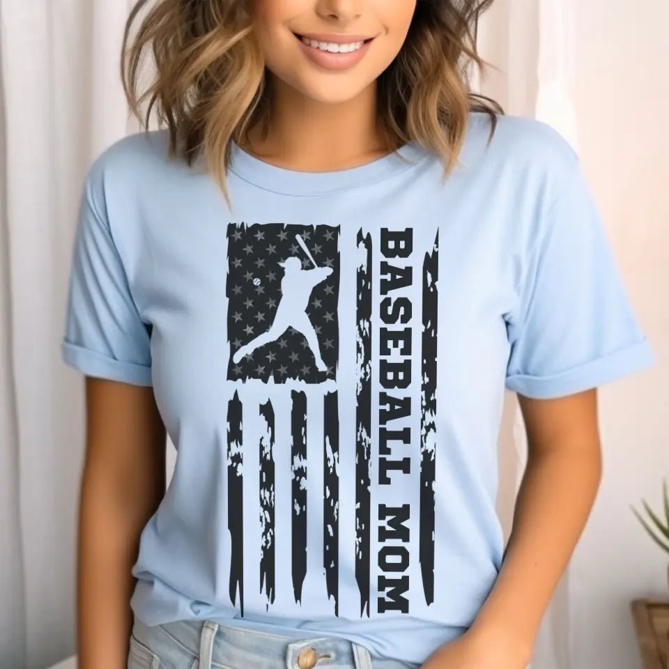 Baseball Mom Vertical Flag on a Unisex T-Shirt with a Black Graphic