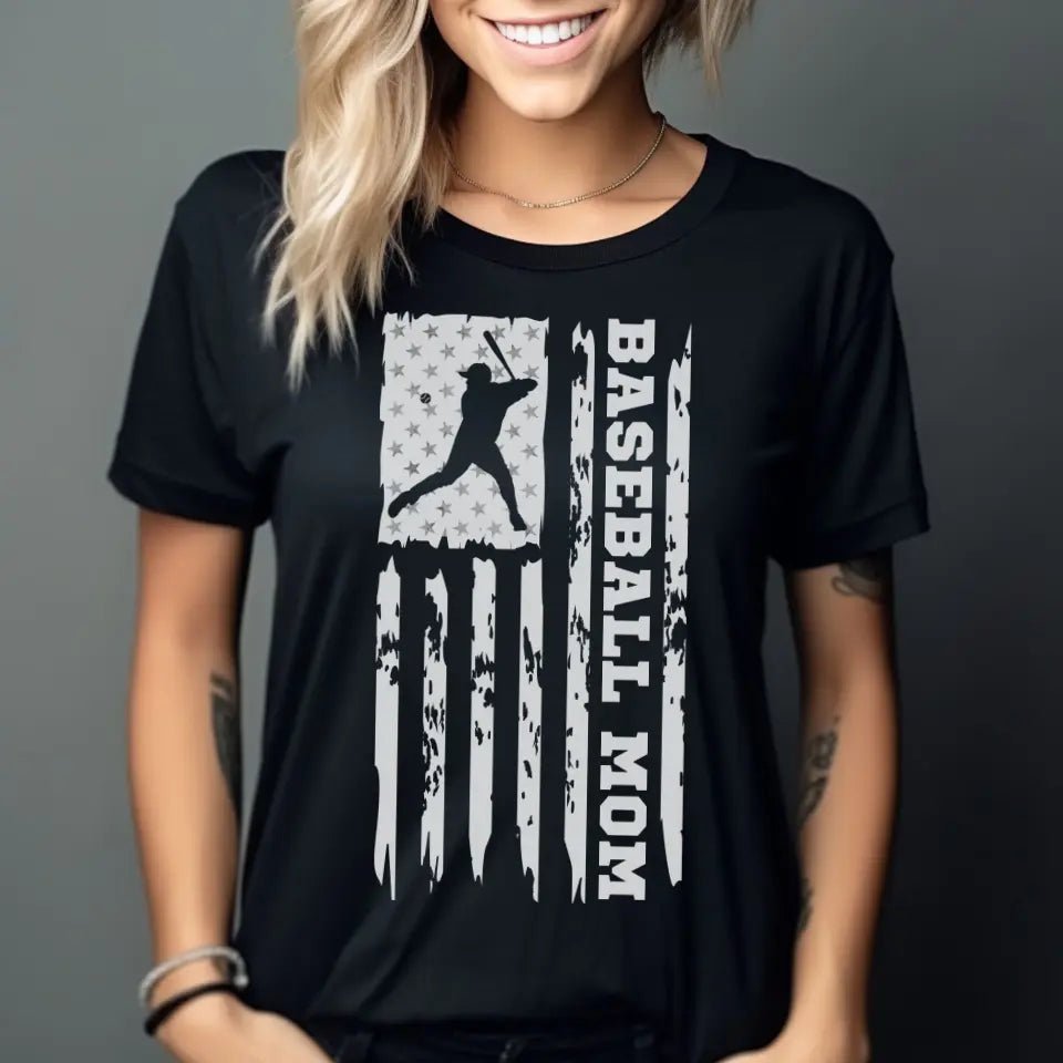 Baseball Mom Vertical Flag on a Unisex T-Shirt with a White Graphic