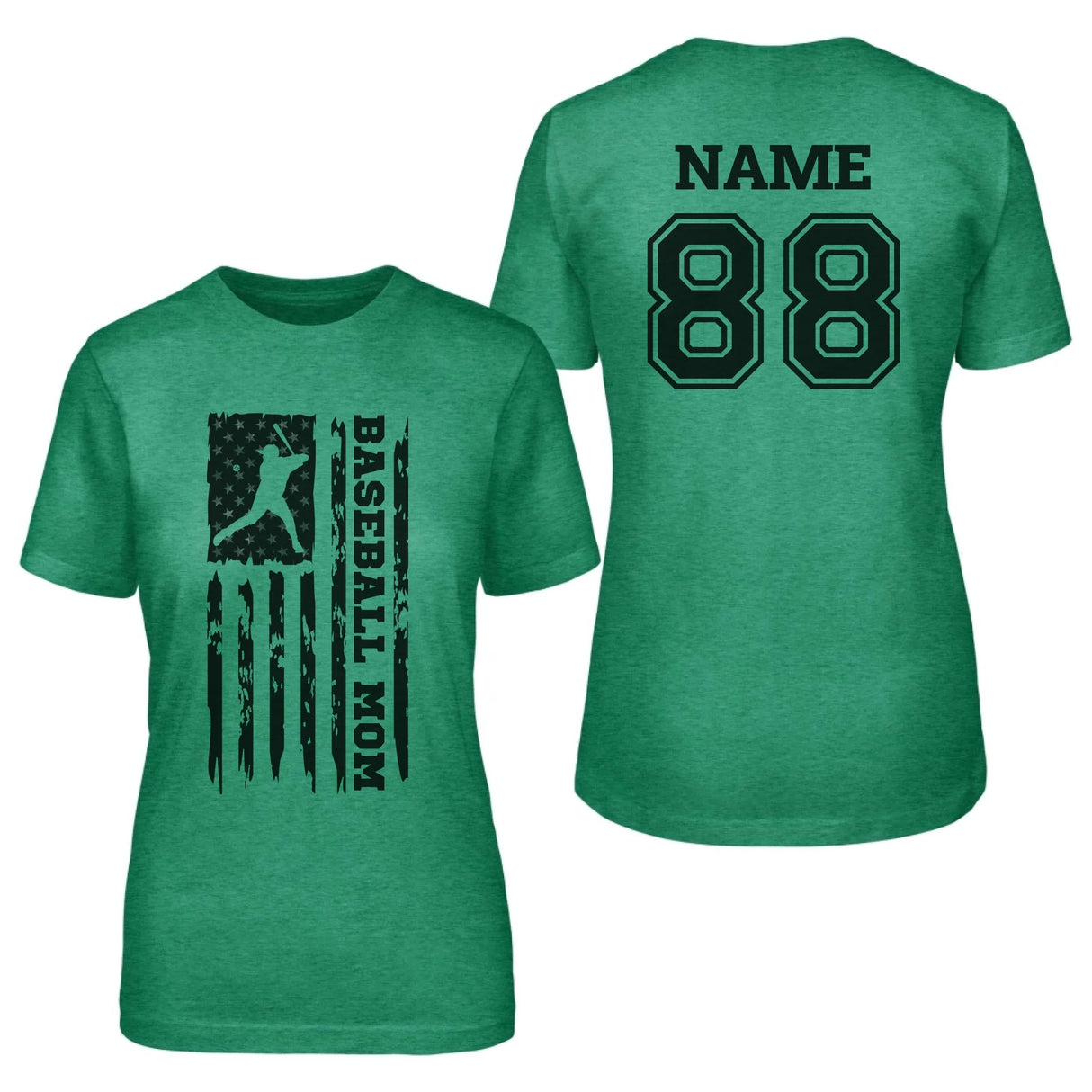 Baseball Mom Vertical Flag With Baseball Player Name on a Unisex T-Shirt with a Black Graphic
