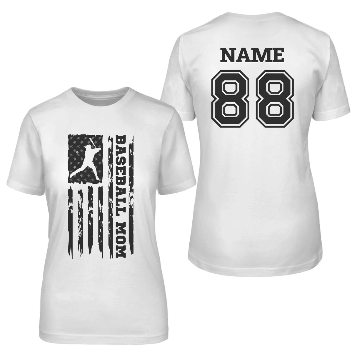 Baseball Mom Vertical Flag With Baseball Player Name on a Unisex T-Shirt with a Black Graphic