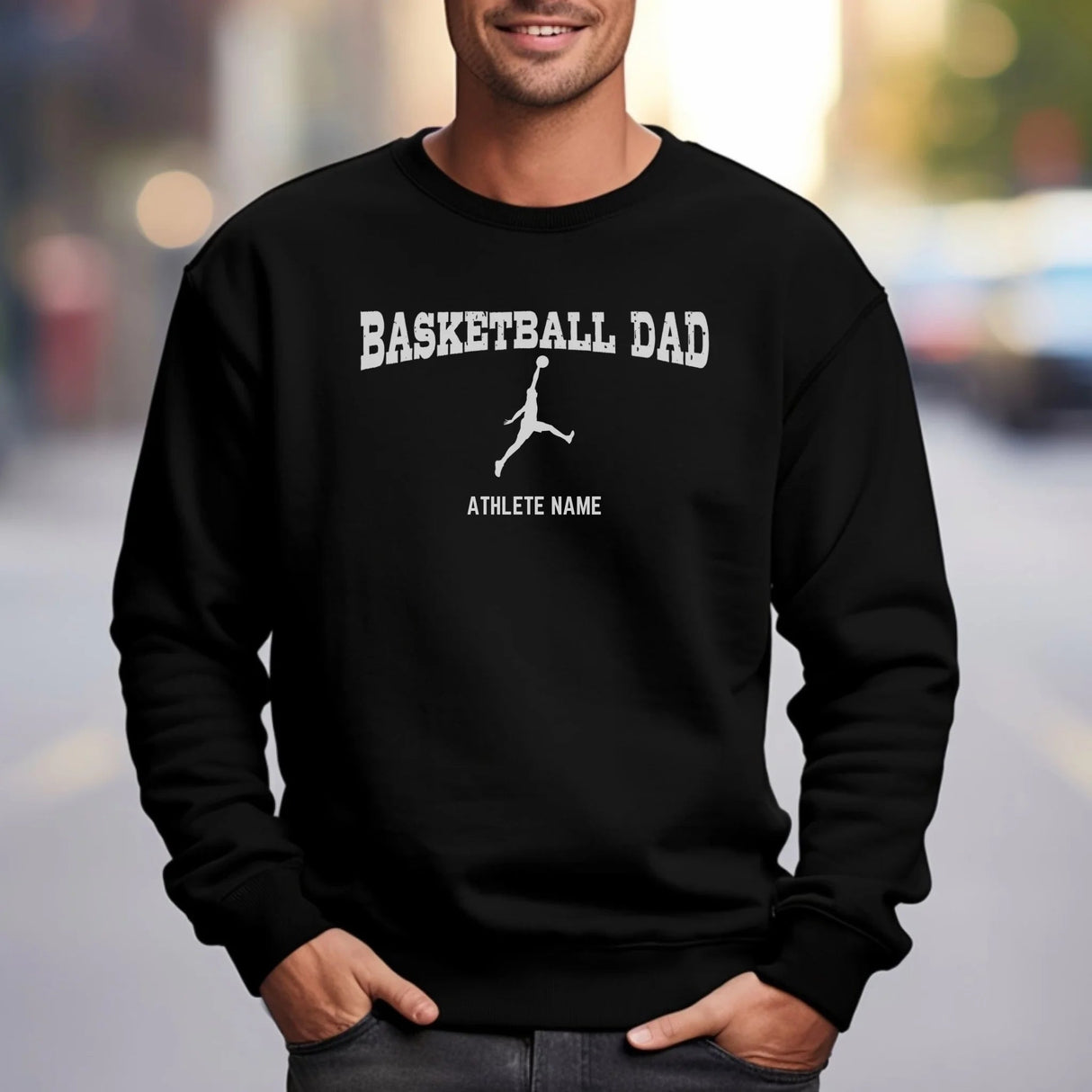 Basketball Dad with Basketball Player Icon and Basketball Player Name on a Sweatshirt with a White Graphic