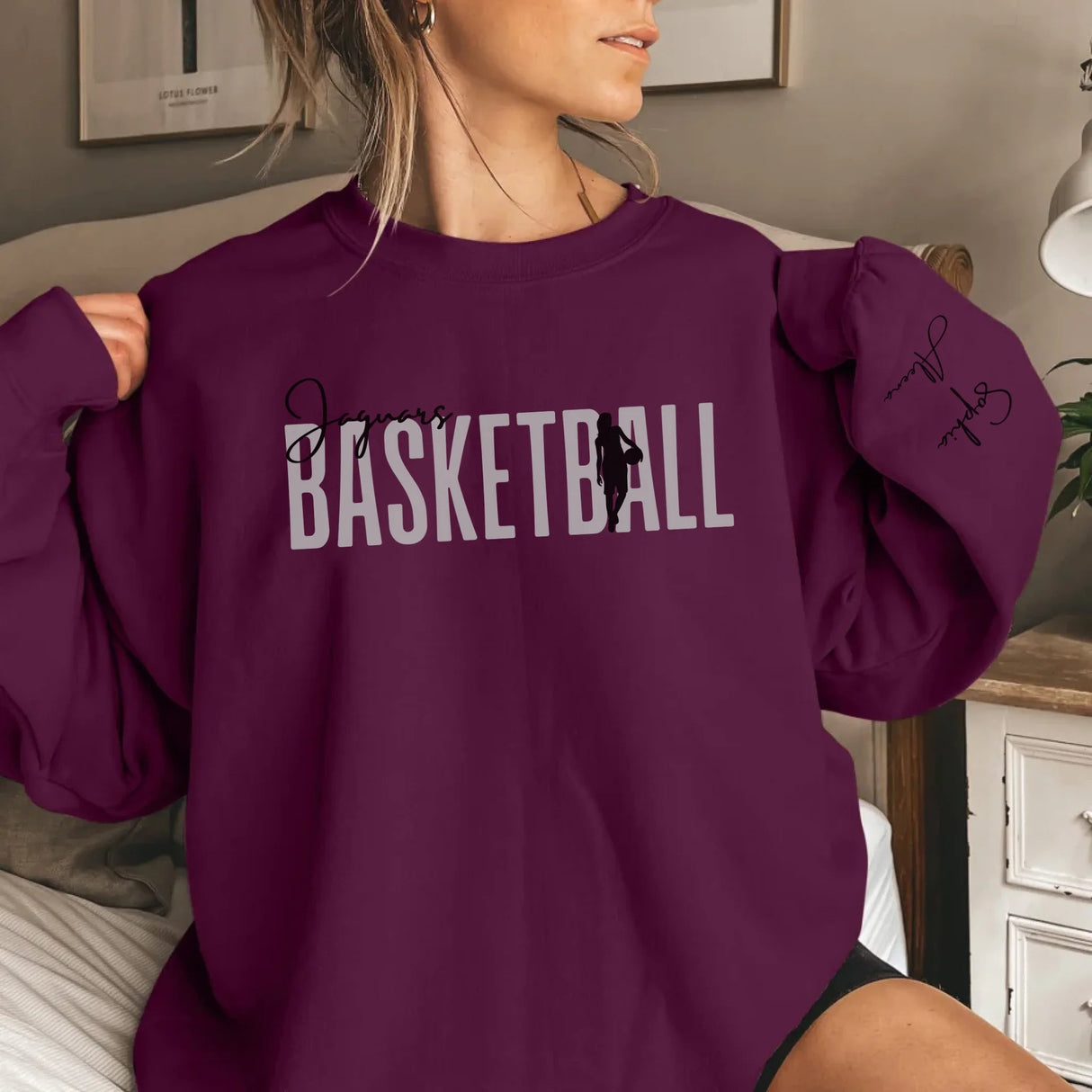 Personalized Basketball on a Sweatshirt With Modern Bold Design and Basketball Player Name on Sleeve on a Sweatshirt