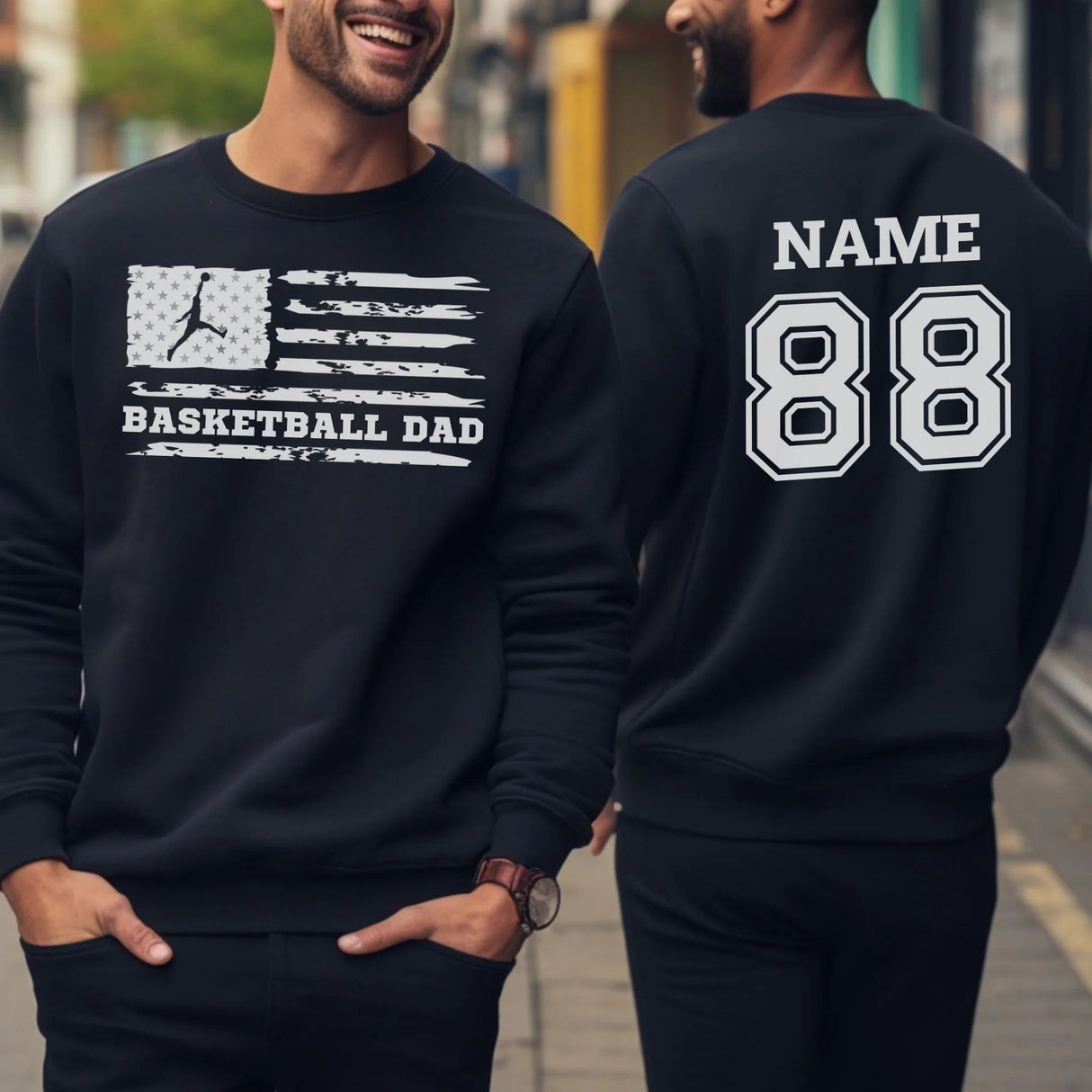 Basketball Dad Horizontal Flag With Basketball Player Name on a Sweatshirt with a White Graphic