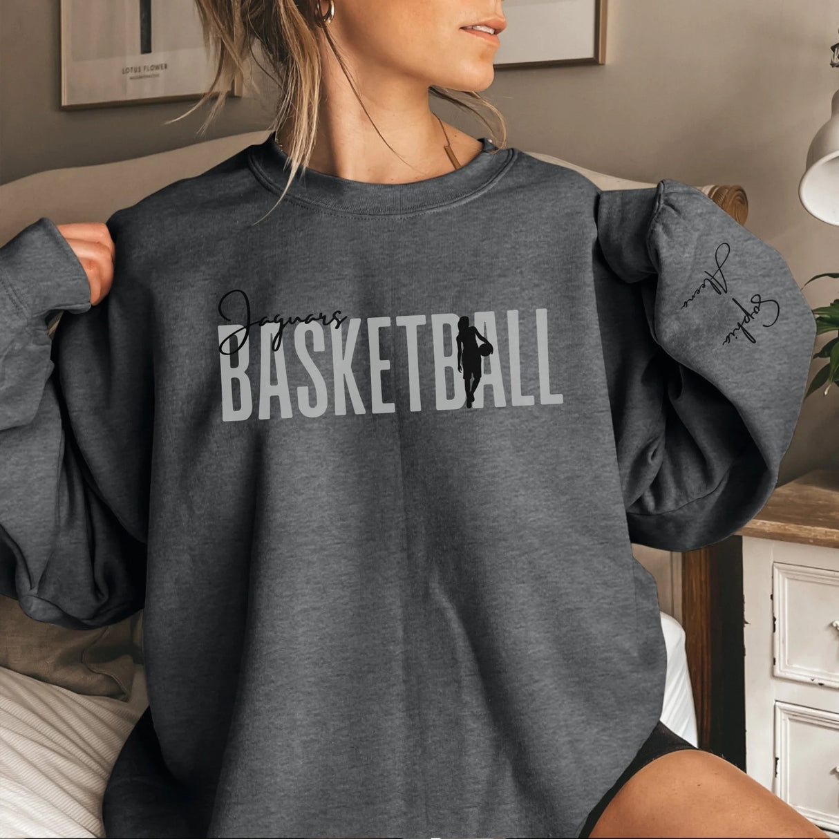 Personalized Basketball on a Sweatshirt With Modern Bold Design and Basketball Player Name on Sleeve on a Sweatshirt