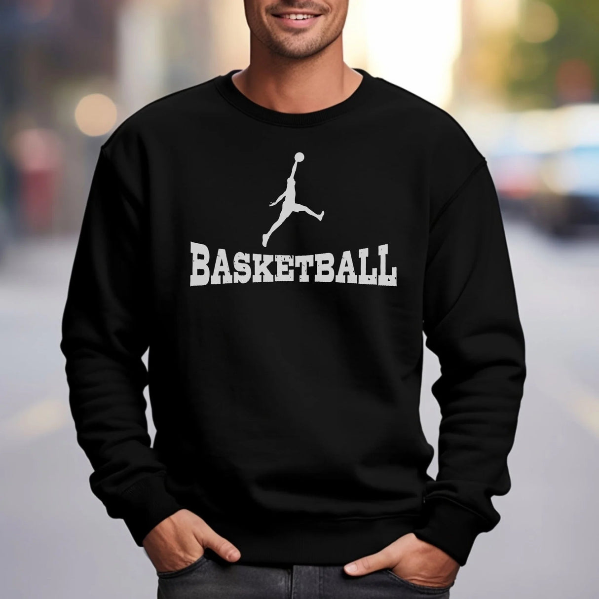 Basic Basketball with Basketball Player Icon on a Sweatshirt with a White Graphic