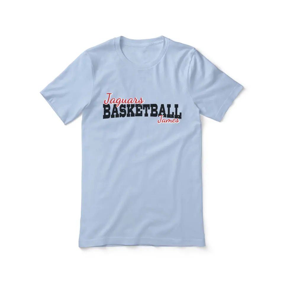 Custom Basketball Mascot and Basketball Player Name on a Unisex T-Shirt with a Black Graphic