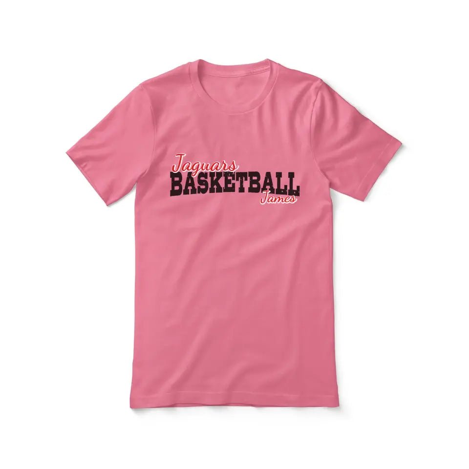 Custom Basketball Mascot and Basketball Player Name on a Unisex T-Shirt with a Black Graphic