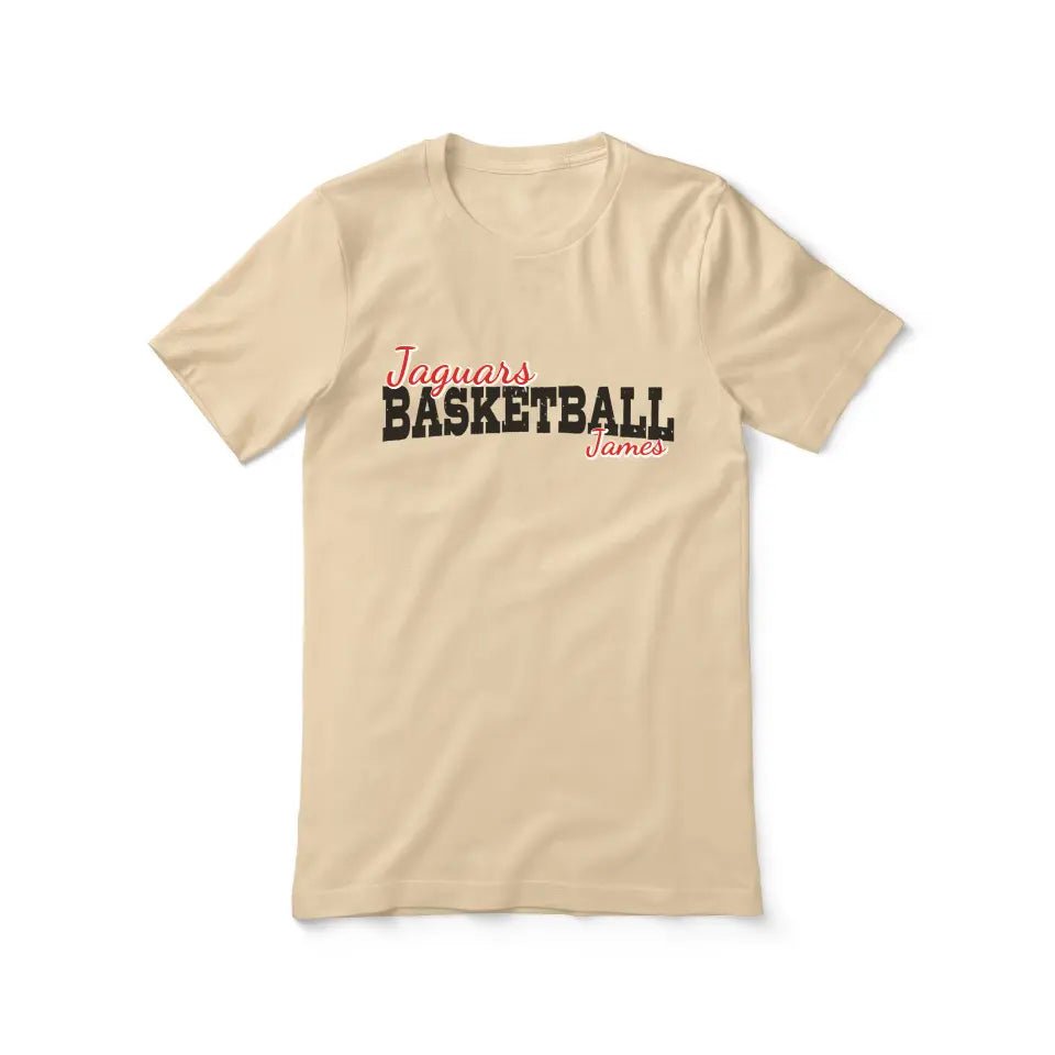 Custom Basketball Mascot and Basketball Player Name on a Unisex T-Shirt with a Black Graphic