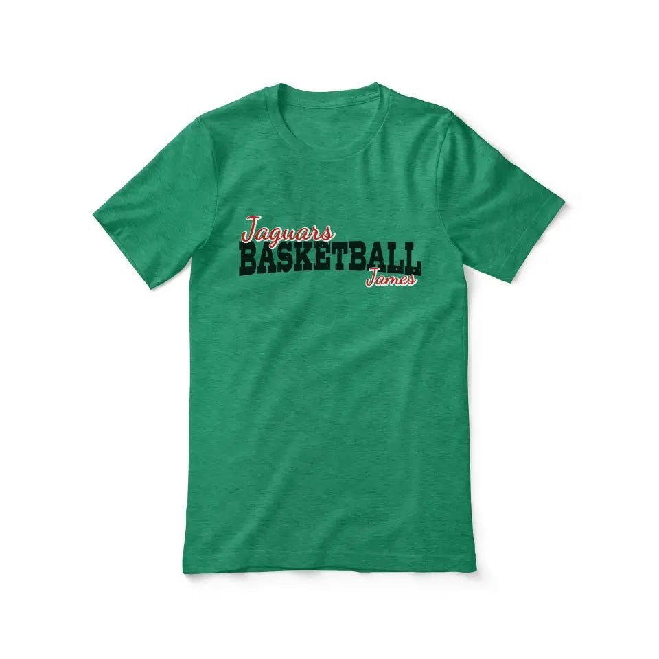 Custom Basketball Mascot and Basketball Player Name on a Unisex T-Shirt with a Black Graphic