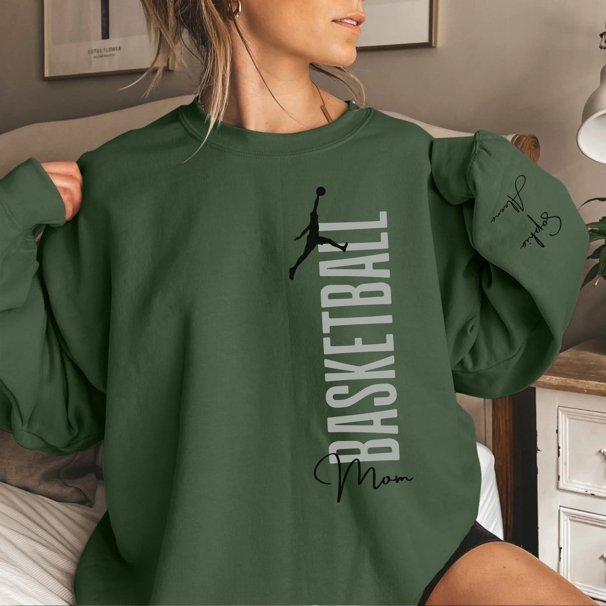 Personalized Basketball Mom on a Sweatshirt With Mascot, Icon, and Basketball Player Name on Sleeve on a Sweatshirt