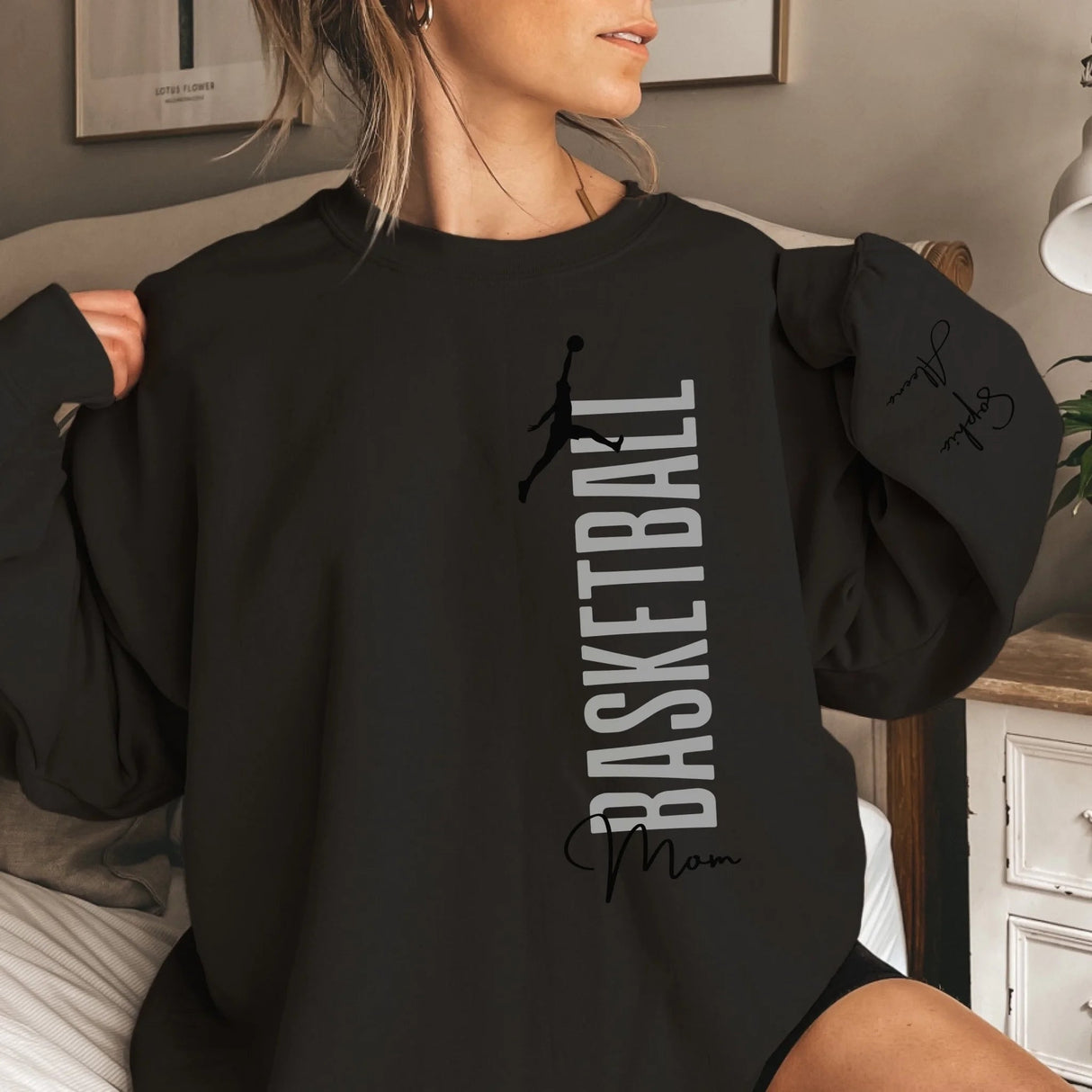 Personalized Basketball Mom on a Sweatshirt With Mascot, Icon, and Basketball Player Name on Sleeve on a Sweatshirt