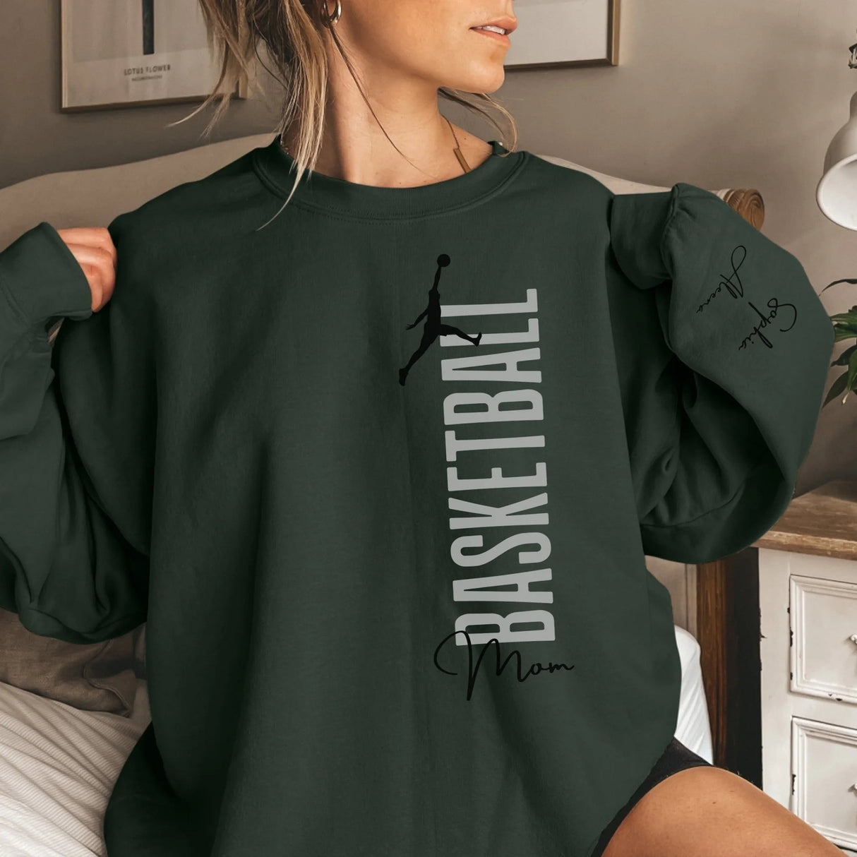 Personalized Basketball Mom on a Sweatshirt With Mascot, Icon, and Basketball Player Name on Sleeve on a Sweatshirt