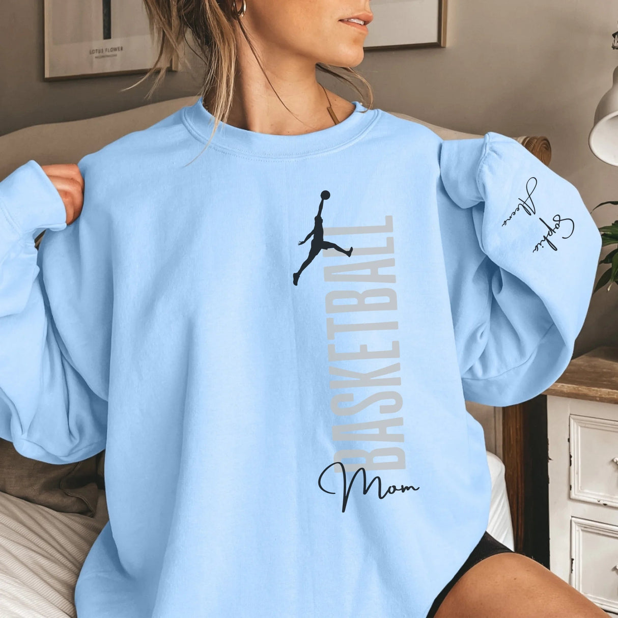 Personalized Basketball Mom on a Sweatshirt With Mascot, Icon, and Basketball Player Name on Sleeve on a Sweatshirt